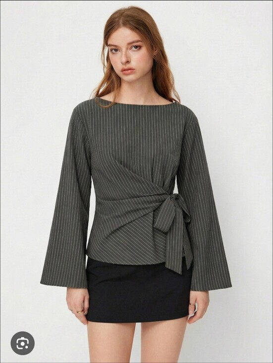 Cider Tops - Cider Gray Pinstripe Long Sleeve Tie-Front Top